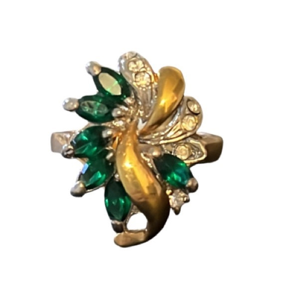 NWT Vintage 18ktge Emerald Gemstone & Cubic Zirconia Diamond Two Tone Ring - Picture 1 of 8